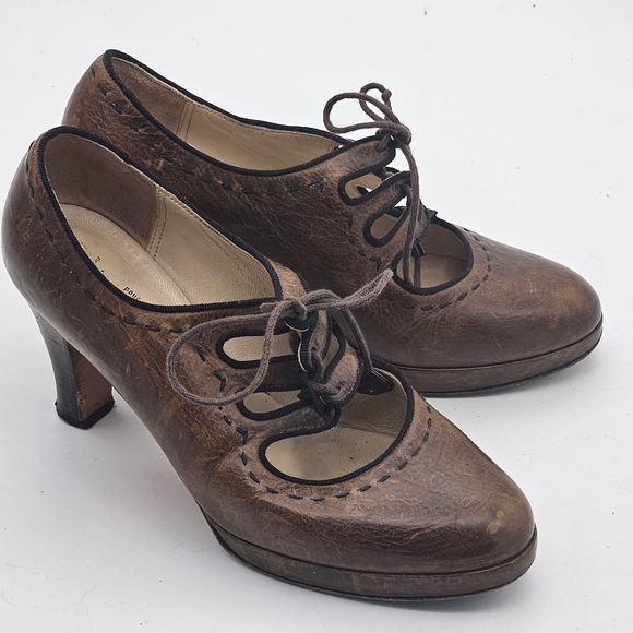 Vtg Henry Cuir Barneys New York Leather Lace Up Heels - Picture 1 of 8